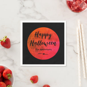 Modern Black and Orange Full Moon Happy Halloween Napkins