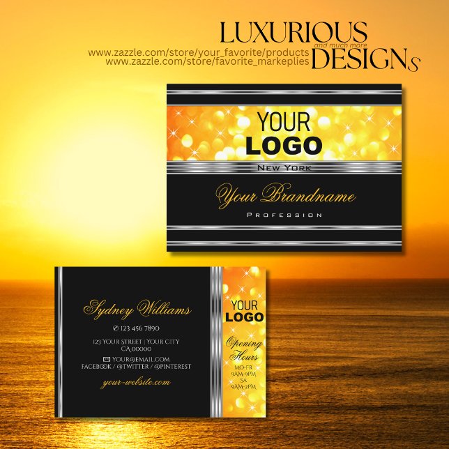 Modern Black and Orange Glitter Logo Silver Border Business Card (Creator Uploaded)