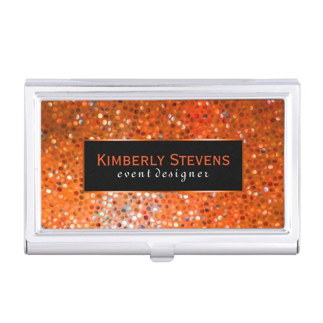 Modern Black And Orange Glitter & Sparkles Business Card Holder (Front)