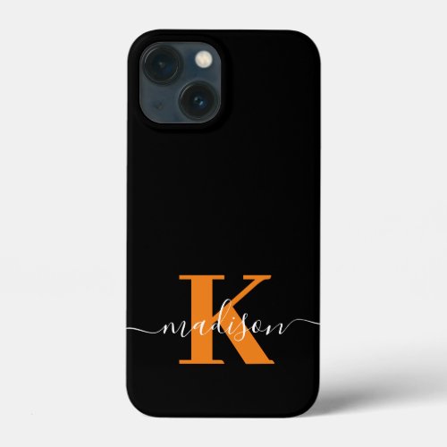 Modern Black And Orange Monogram iPhone 13 Mini Case