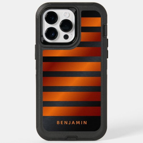 Modern Black and Orange Monogrammed OtterBox iPhone 14 Pro Max Case