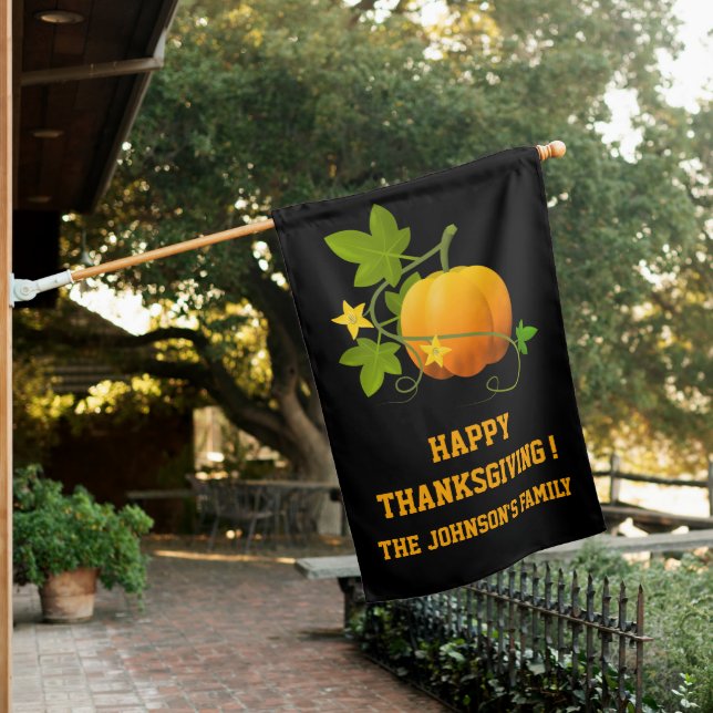 Modern Black and Orange Pumpkin Thanksgiving  House Flag (In SItu)