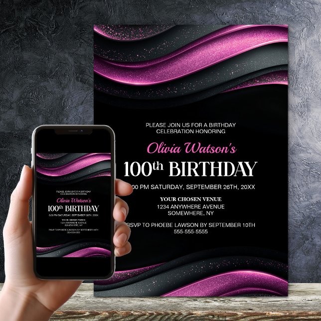 Modern Black and Pink 100th Birthday Party Invitation (Creator Uploaded)