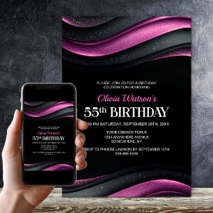 Modern Black and Pink 55th Birthday Party Invitation