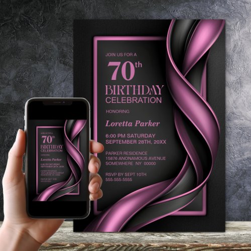 Modern Black and Pink 70th Birthday Party Invitation