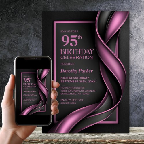 Modern Black and Pink 95th Birthday Party Invitation