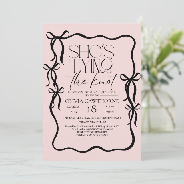 Modern Black and Pink Bow Bridal Shower Invitation (Standing Front)