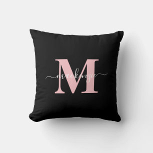 Modern Black and Pink Elegant Monogram Name  Throw Pillow