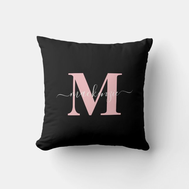 Modern Black and Pink Elegant Monogram Name  Throw Pillow (Front)