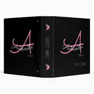Modern Black and Pink Monograph Butterfly 3 Ring Binder