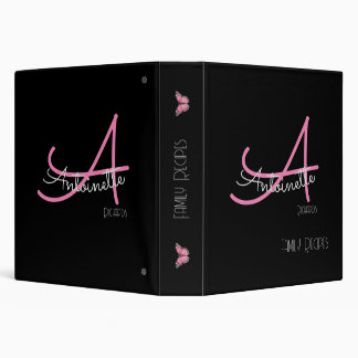 Modern Black and Pink Monograph Butterfly 3 Ring Binder