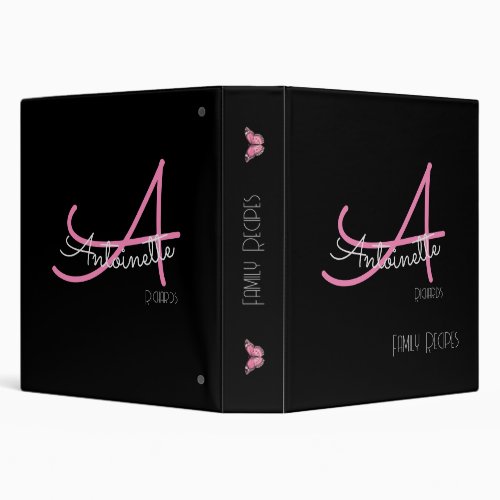 Modern Black and Pink Monograph Butterfly 3 Ring Binder