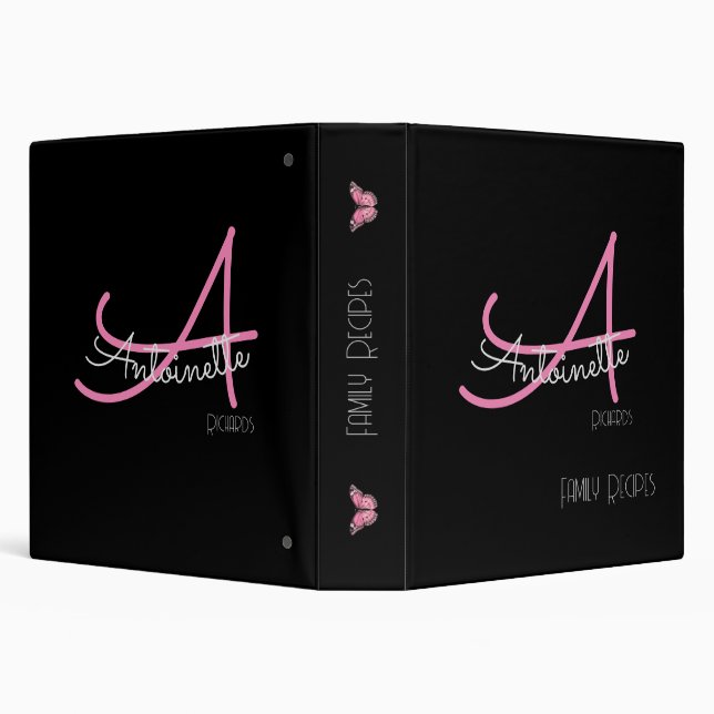 Modern Black and Pink Monograph Butterfly 3 Ring Binder (Background)