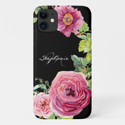 Modern Black and Pink Peony Rose Floral Watercolor iPhone 11 Case