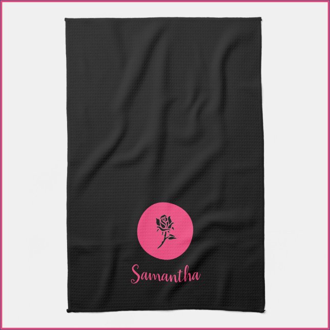 Modern Black and Pink Rose Kitchen Towel (Creator Uploaded)