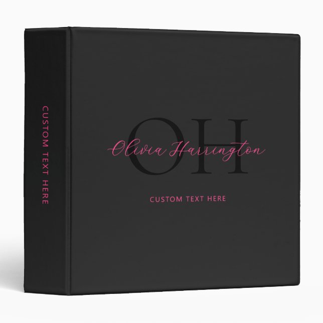 Modern Black and Pink Script Classic Monogram 3 Ring Binder (Front/Spine)