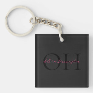 Modern Black and Pink Script Classic Monogram Keychain