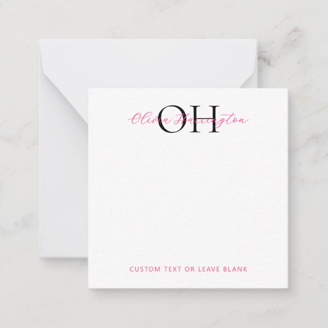 Modern Black and Pink Script Classic Square Note Card (Front)