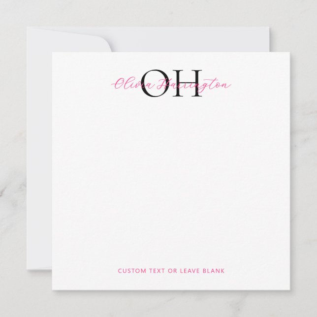 Modern Black and Pink Script Classic Square Note Card (Front)