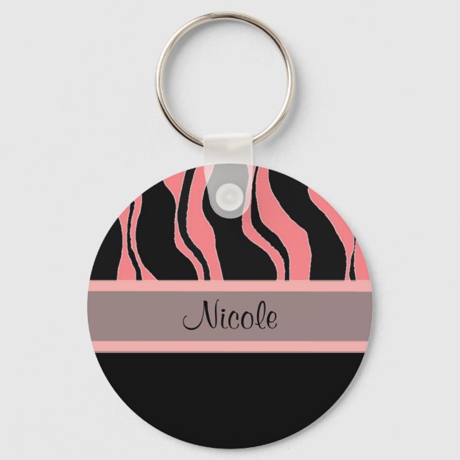 Modern Black and Pink Zebra Personalized Keychain (Front)