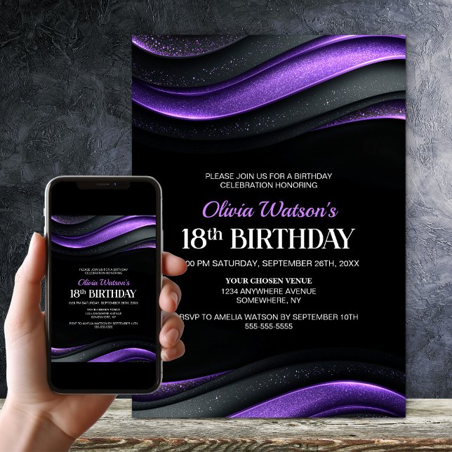 Modern Black and Purple 18th Birthday Party Invitation (Creator Uploaded)