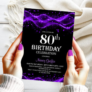 Modern Black and Purple 80th Birthday Party Invitation