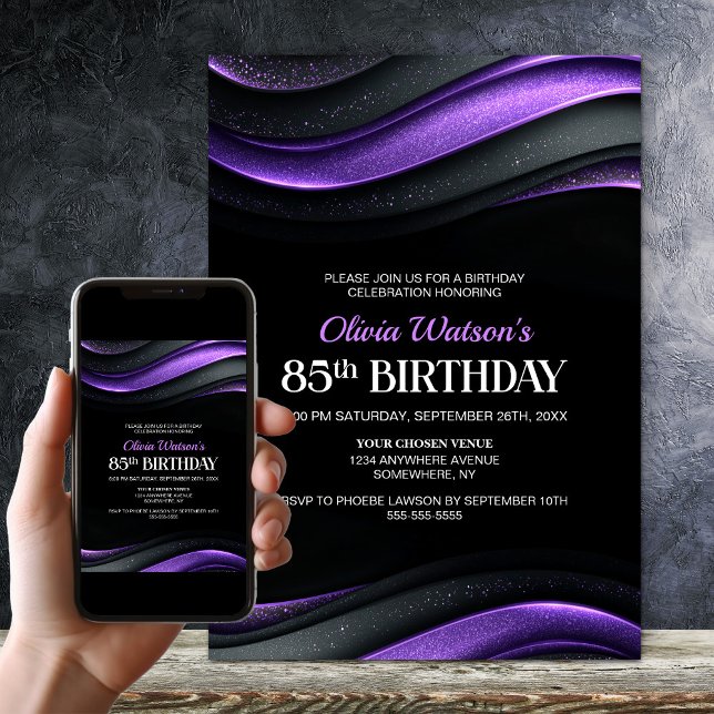 Modern Black and Purple 85th Birthday Party Invitation (Creator Uploaded)
