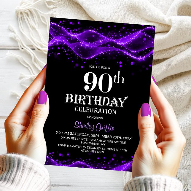 Modern Black and Purple 90th Birthday Party Invitation (Creator Uploaded)