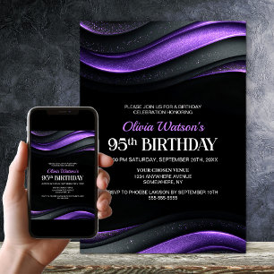 Modern Black and Purple 95th Birthday Party Invitation