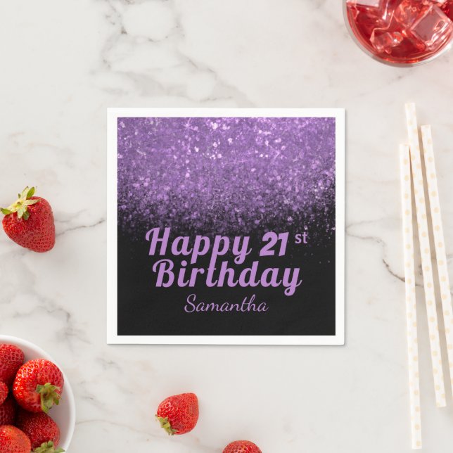 Modern Black and Purple Glitter Any Age Birthday Napkins (Insitu)