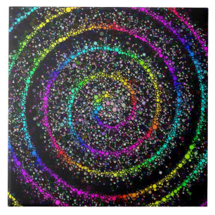 Modern Black and Rainbow Spiral Dot Ceramic Tile