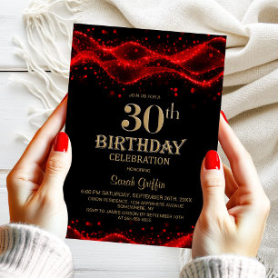 Modern Black and Red 30th Birthday Party Invitation
