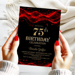 Modern Black and Red 75th Birthday Party Invitation