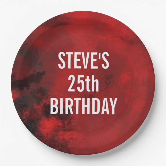 Modern Black and Red Artistic Abstract  Birthday Paper Plates (Front)