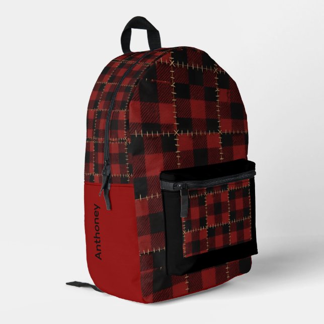 Modern Black and Red Buffalo Plaid  Printed Backpack (Back Corner Left)