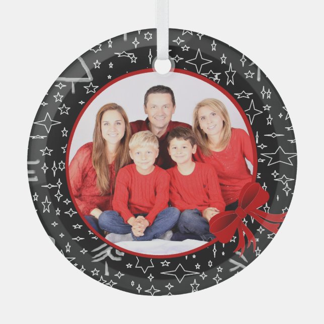 Modern Black and Red Custom Photo Glass Ornament (Front)