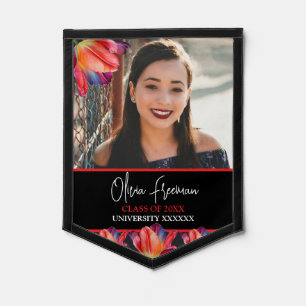 Modern Black and Red Flower Girl Photo Graduation Pennant