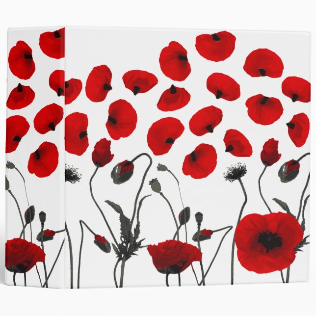 Modern Black and Red Flowers and Petals 3 Ring Binder (Front/Spine)