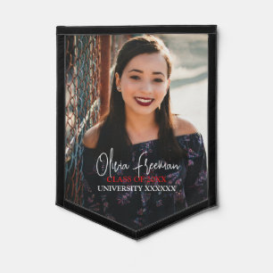 Modern Black and Red Girl Photo Graduation Pennant
