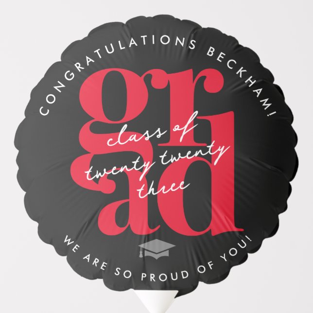 Modern Black and Red Grad Graduation Balloon (Front)