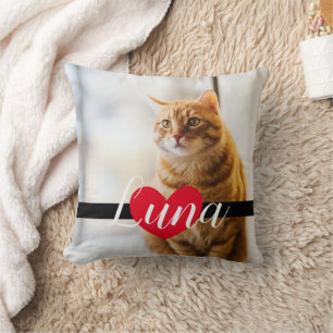 Modern Black and Red Heart Photo Cat Memorial Throw Pillow