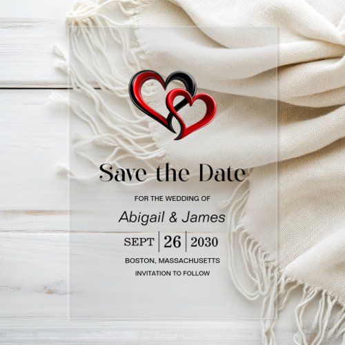 Modern Black and Red Hearts Wedding Save the Date