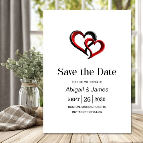 Modern Black and Red Hearts Wedding Save the Date