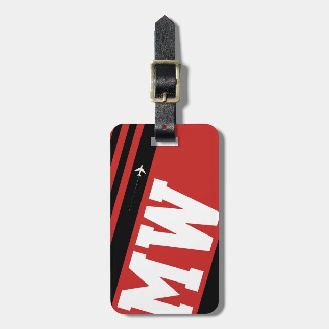 modern black and red monogrammed luggage tag (Front Vertical)