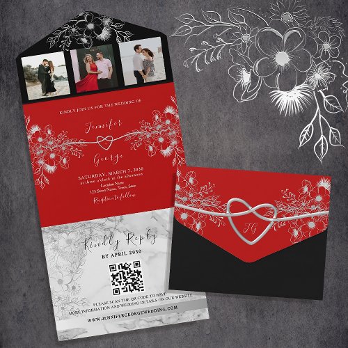 Modern Black and Red QR Code Wedding All In One Invitation