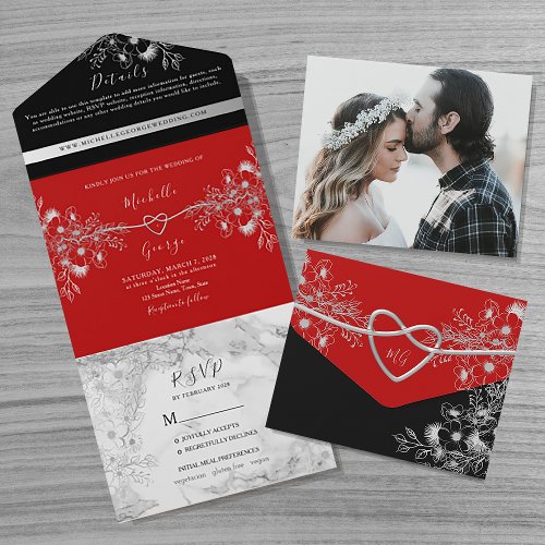 Modern Black and Red Wedding All In One Invitation