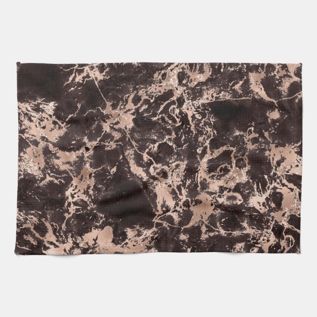 Modern Black and Rose Gold Marble Pattern Kitchen Towel (Horizontal)