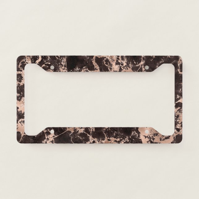 Modern Black and Rose Gold Marble Pattern License Plate Frame (Front)
