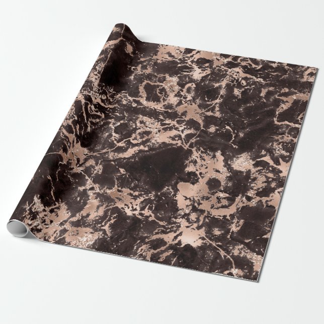 Modern Black and Rose Gold Marble Pattern Wrapping Paper (Unrolled)