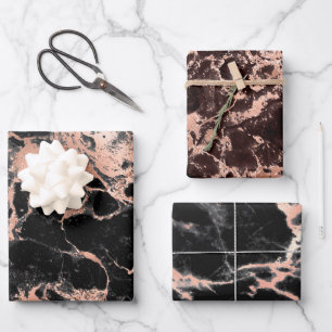 Modern Black and Rose Gold Marble Patterns Wrapping Paper Sheets